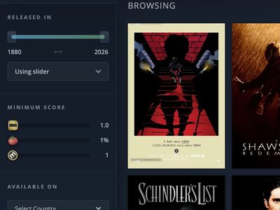 Movieo filter sidebar with year, score and availability controls beside the movie grid