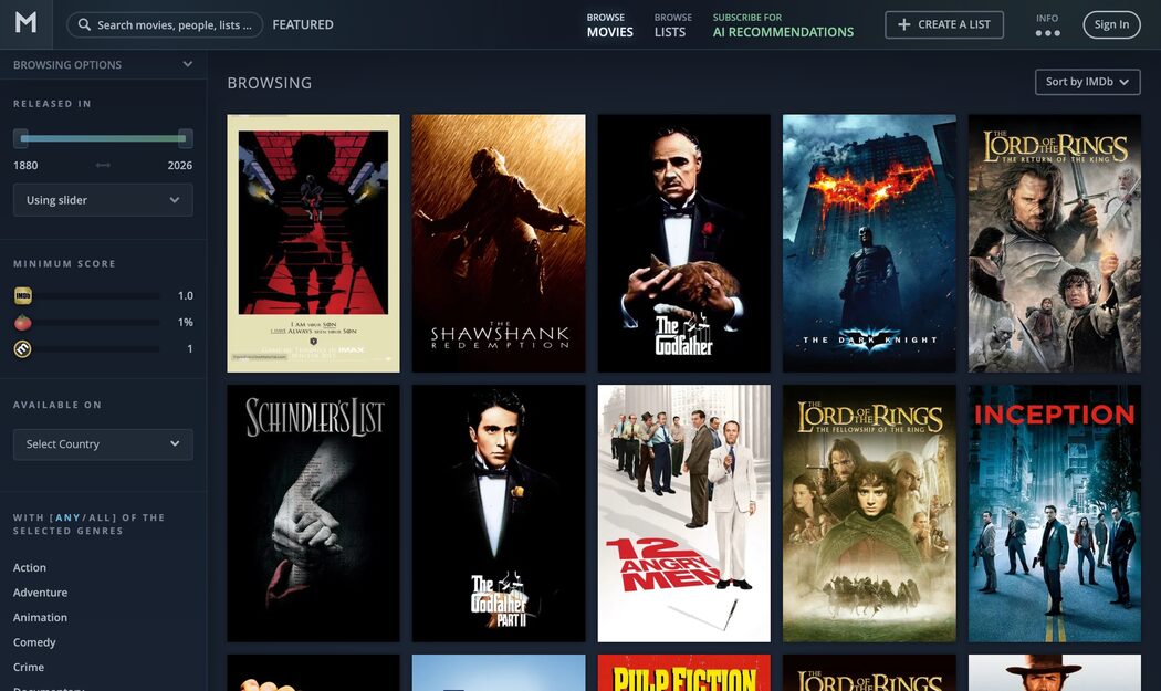 The Movieo catalog with its filter sidebar and a grid of movie posters