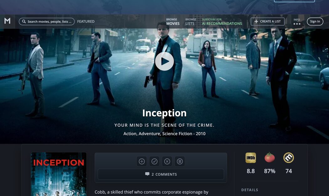 A Movieo movie page with ratings, details, and the watchlist, seenlist and blacklist controls